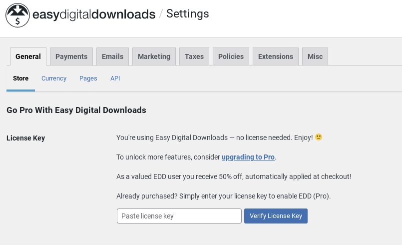 The EDD settings to enter license key & upgrade to pro.