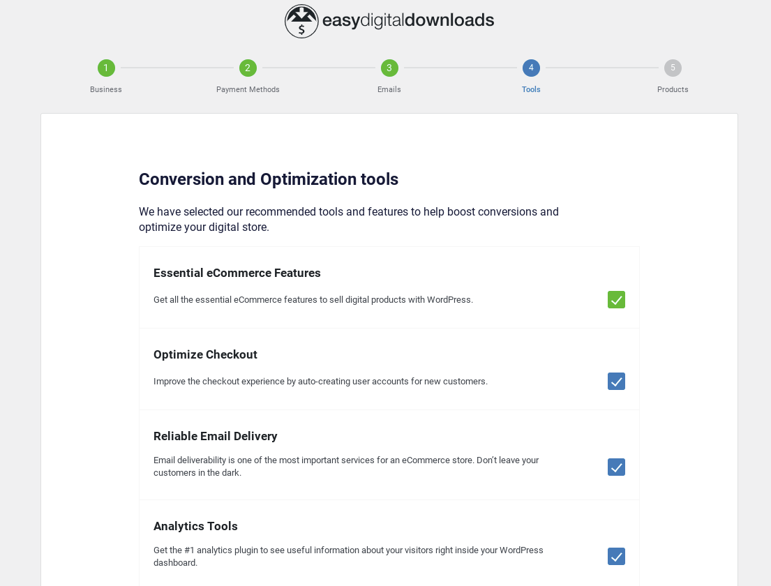 EDD conversion & optimization tools in the onboarding wizard.