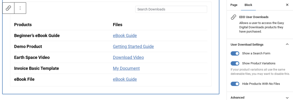 The EDD user Downloads block settings.