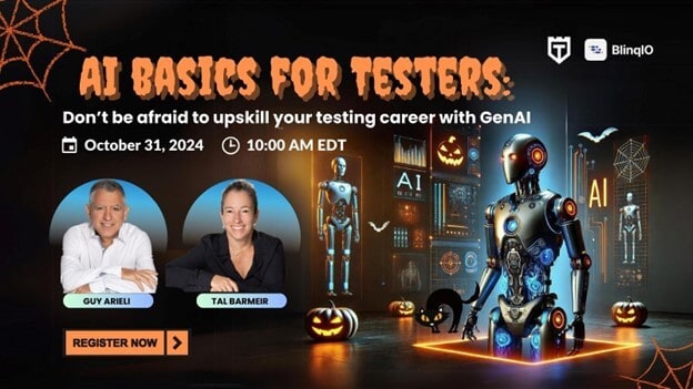 Promotional image for "AI Basics for Testers" webinar on October 31, 2024, at 10:00 AM EDT. Features two speakers, Halloween-themed graphics, and registration button.