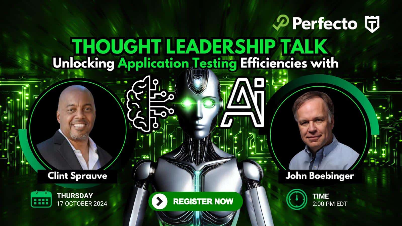 Promotional banner for a thought leadership talk on application testing with AI. Features speakers Clint Sprauve and John Boebinger. Event on October 17, 2024, at 2:00 PM EDT.