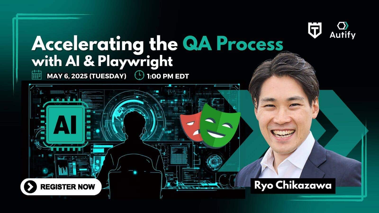 Promotional banner for a webinar on accelerating QA processes with AI and Playwright, featuring Ryo Chikazawa, scheduled for May 6, 2025, at 1:00 PM EDT.