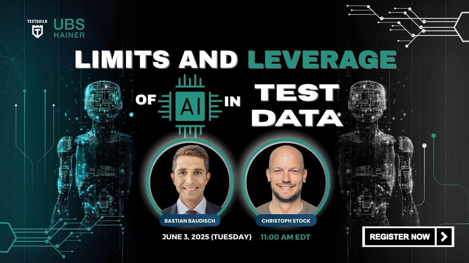 Webinar promotional banner with robotics-themed graphics, speakers Bastian Baubisch and Christoph Stock, and event details: June 3, 2025, 11:00 AM EDT. Title: "Limits and Leverage of AI in Test Data.