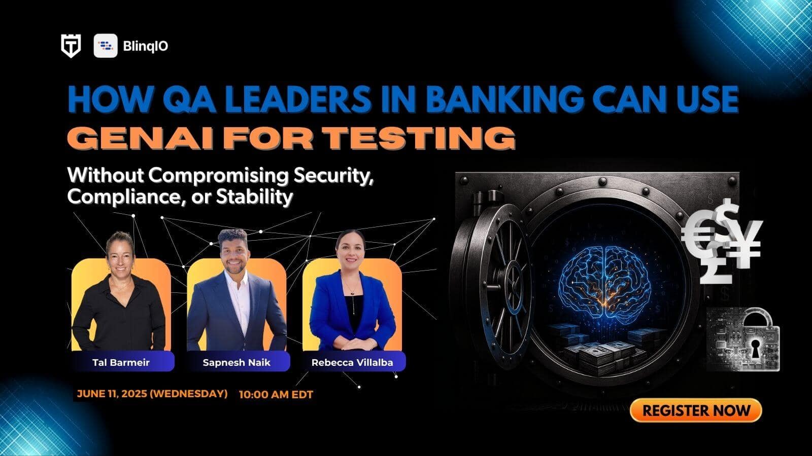 Webinar banner for "How QA Leaders in Banking Can Use GenAI for Testing" with speakers, event date (June 11, 2025), time, and a brain in a vault graphic. "Register Now" button is visible.