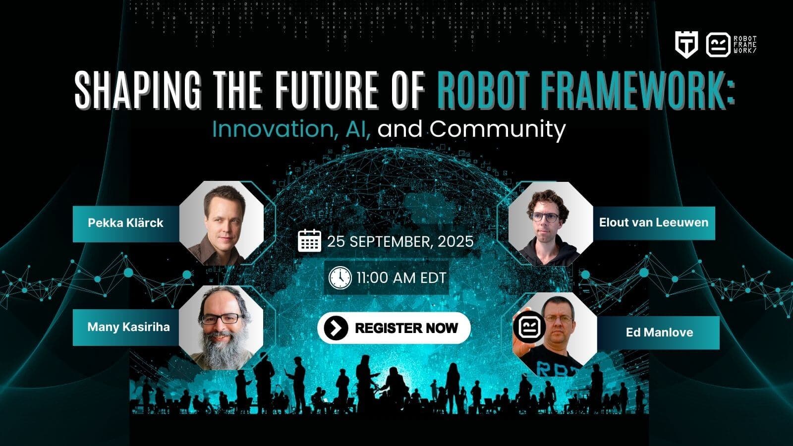 Event banner for "Shaping the Future of Robot Framework: Innovation, AI, and Community" on September 25, 2025, featuring four speakers and registration details.