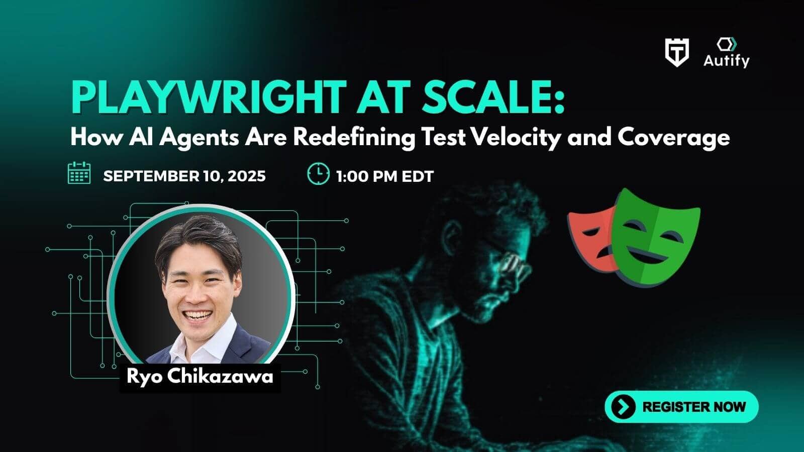 Webinar promo for "Playwright at Scale" with Ryo Chikazawa, discussing AI agents in testing, scheduled for September 10, 2025, at 1:00 PM EDT.