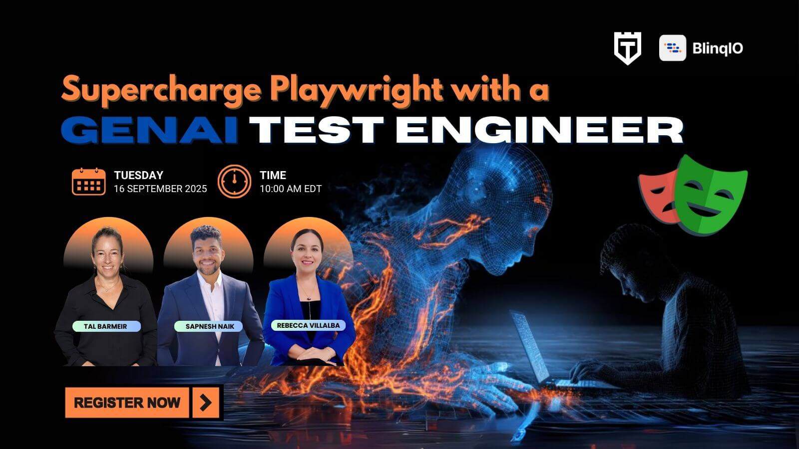 Webinar promo image with event title "Supercharge Playwright with a GenAI Test Engineer," date and time, photos of three speakers, and digital graphics of a laptop and AI figure.