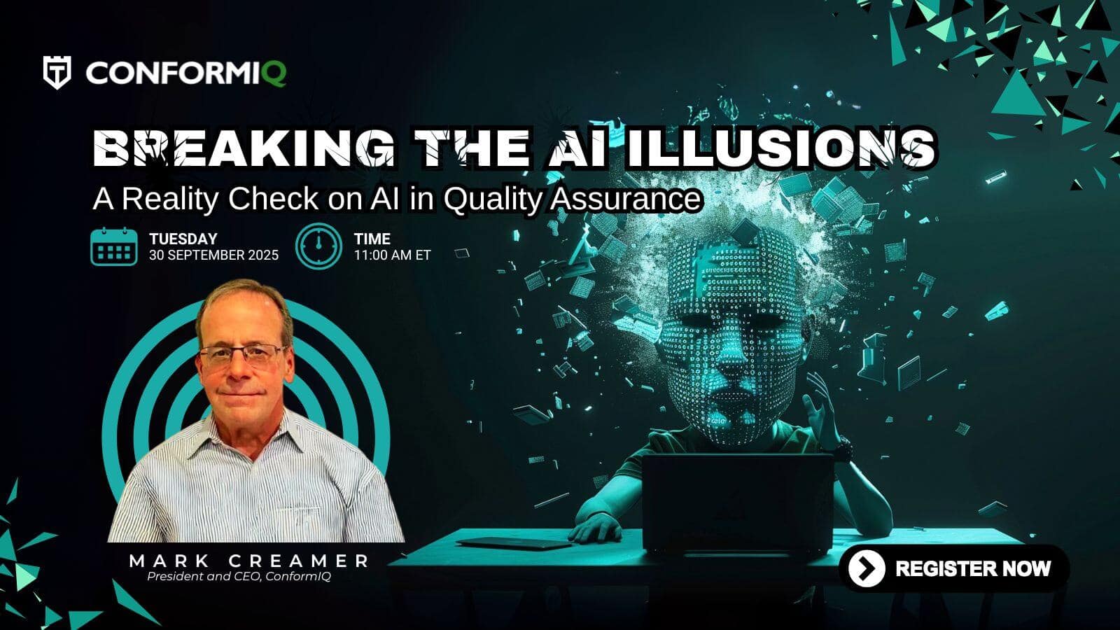 Promotional graphic for a webinar titled "Breaking the AI Illusions" featuring Mark Creamer, scheduled for September 30, 2023, at 11:00 AM ET, with a "Register Now" button.