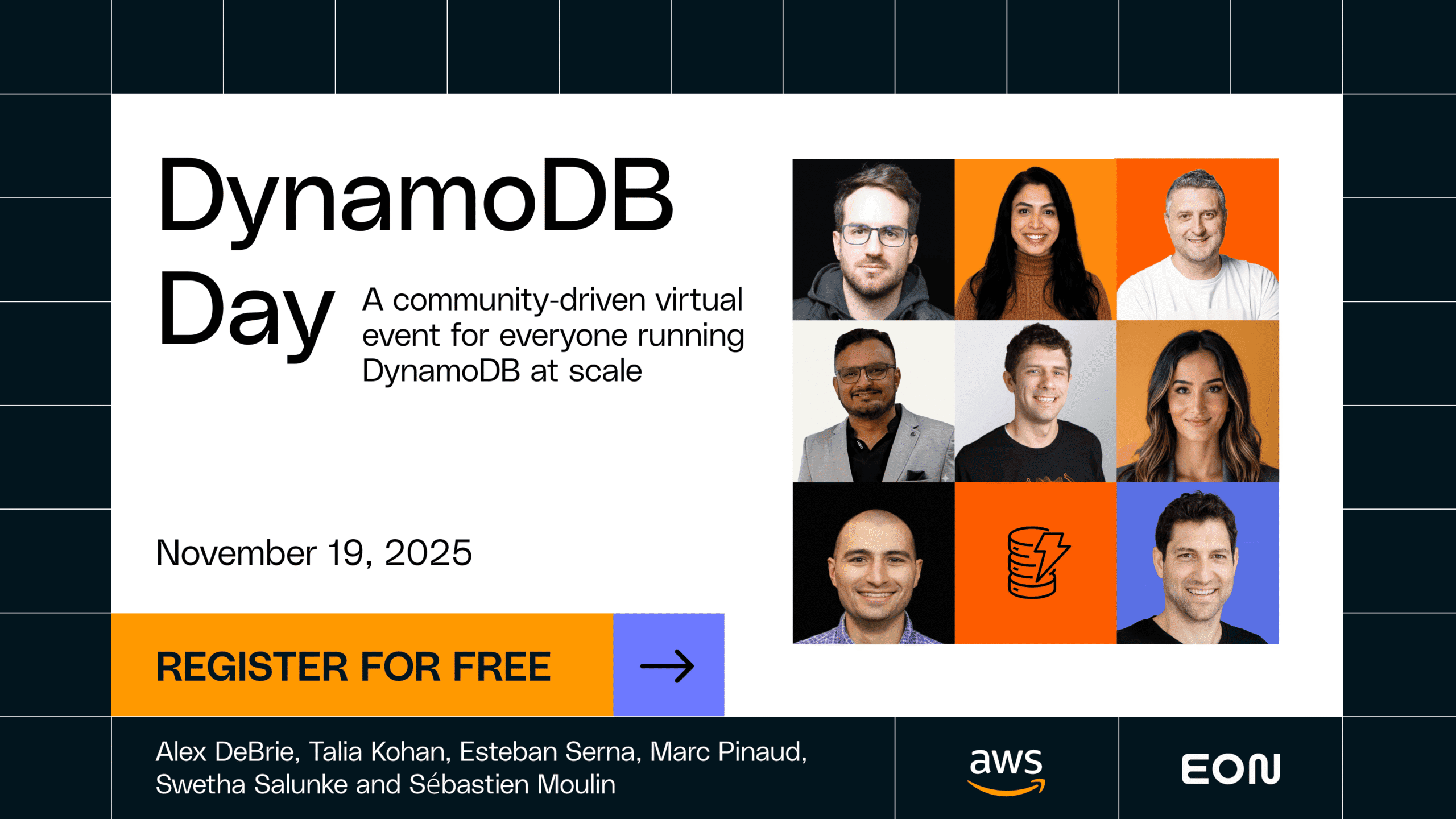 Promotional banner for "DynamoDB Day" virtual event on November 19, 2025, featuring photos of speakers, event details, and a “Register for Free” button.