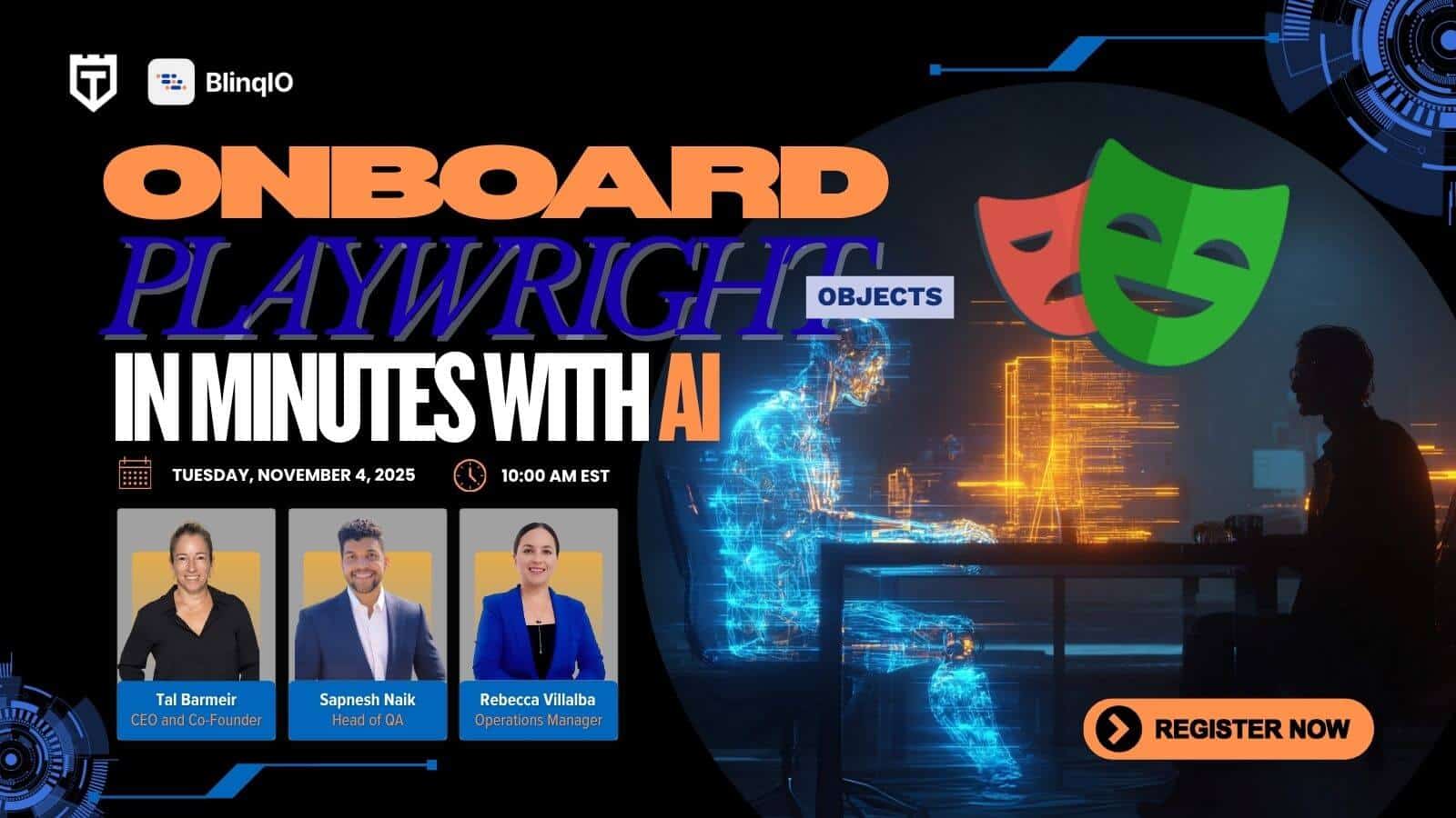 A digital event banner for "Onboard Playwright Objects in Minutes with AI," featuring speaker photos, event details, and a Register Now button, with tech and theatrical mask graphics.