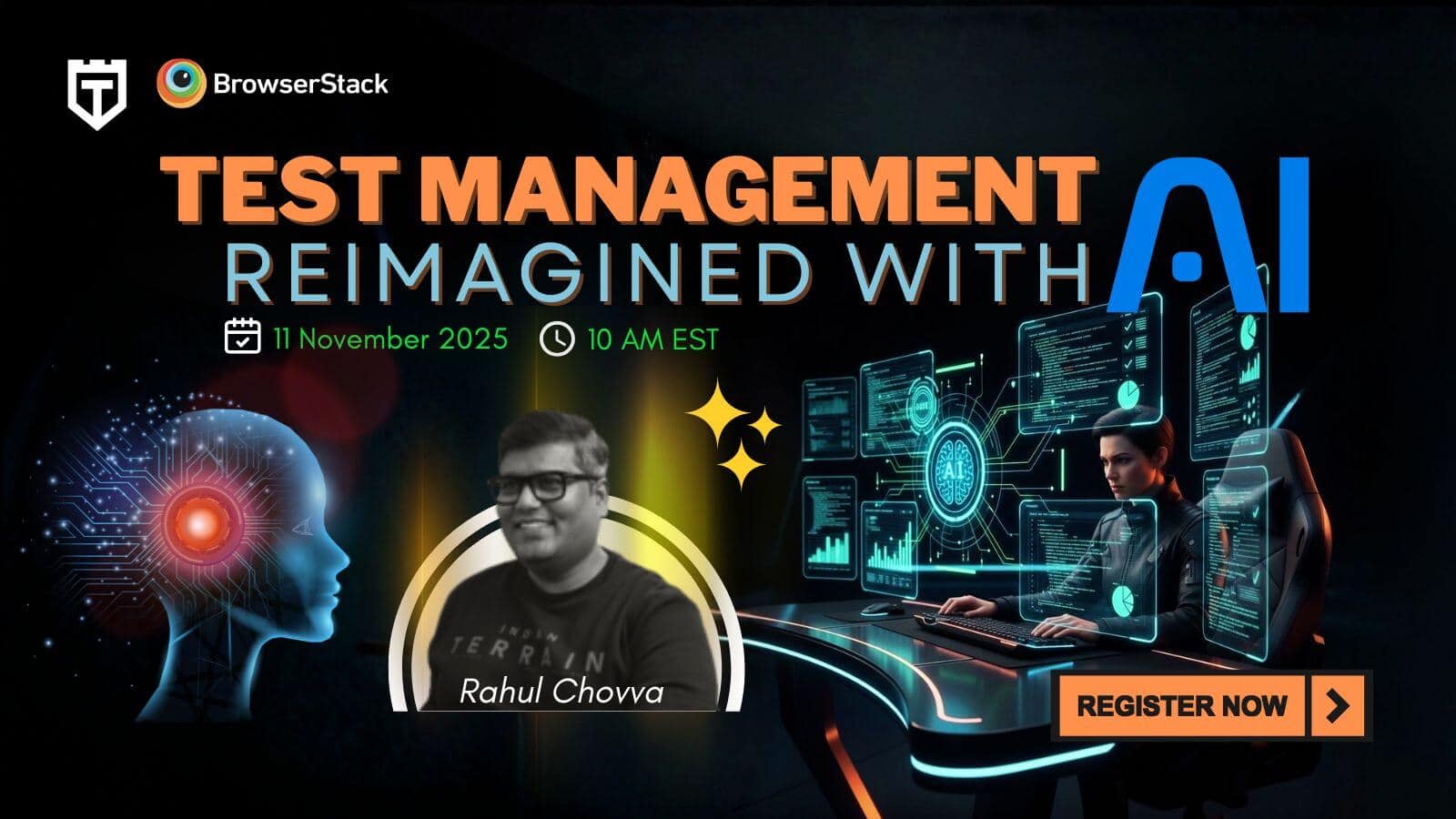 A promo banner for a webinar titled "Test Management Reimagined with AI" scheduled for 11 November 2025 at 10 AM EST, featuring Rahul Chowa and a registration button.