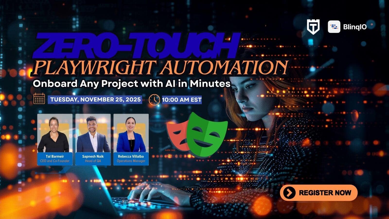 Webinar promotional banner for "Zero-Touch Playwright Automation" featuring event details, speaker photos, date, and a "Register Now" button, with a digital background and theater mask icons.
