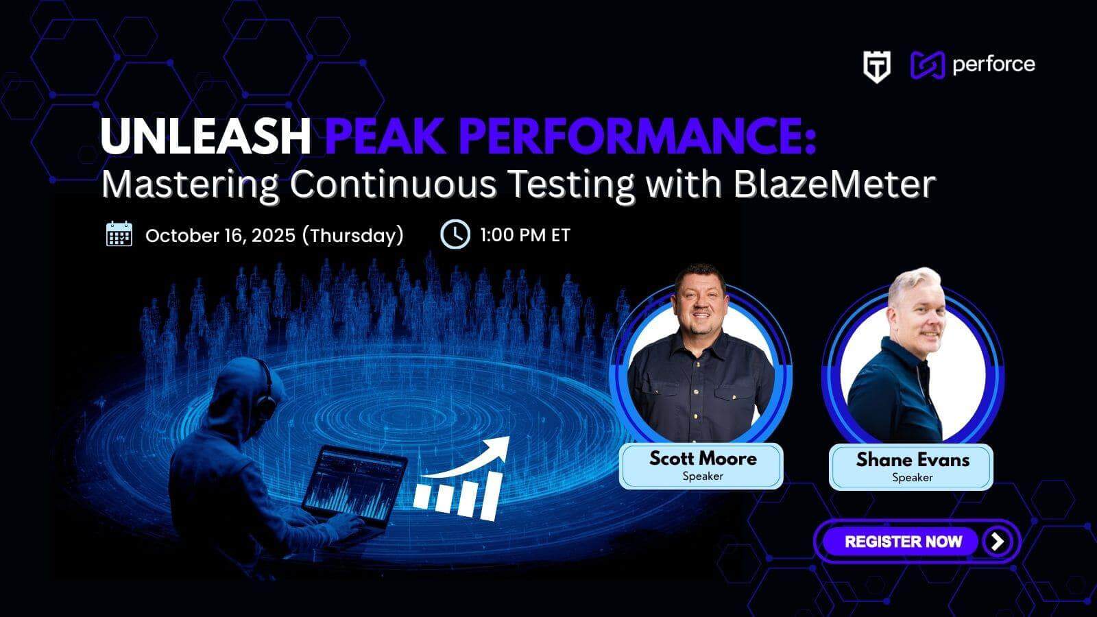 Webinar promo for "Unleash Peak Performance: Mastering Continuous Testing with BlazeMeter" on October 16, 2025, featuring speakers Scott Moore and Shane Evans, with a register button.